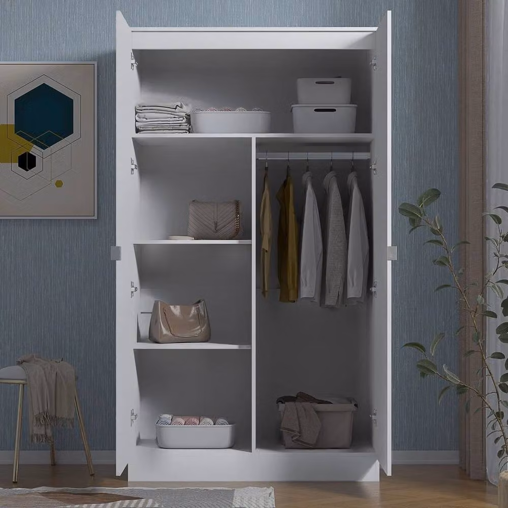 FLAVORA White Modern 2-Door Wooden Bedroom Storage Wardrobe with Internal Shelves – 4