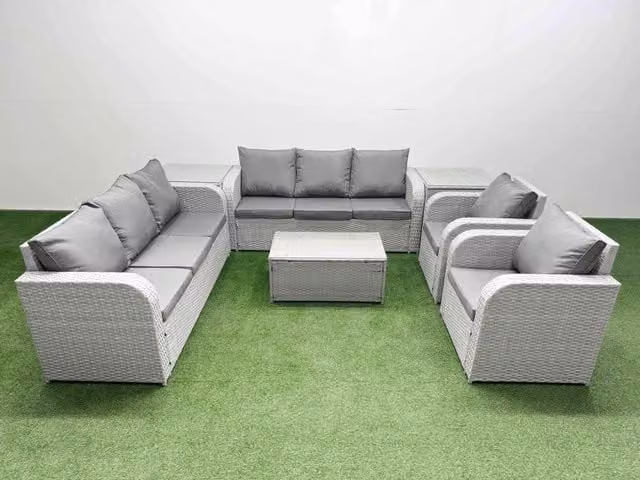 Fimous PE Rattan Patio Lounge Set in Light Grey with 3 Seater Sofa, Reclining Chair, Coffee Table and 2 Side Tables