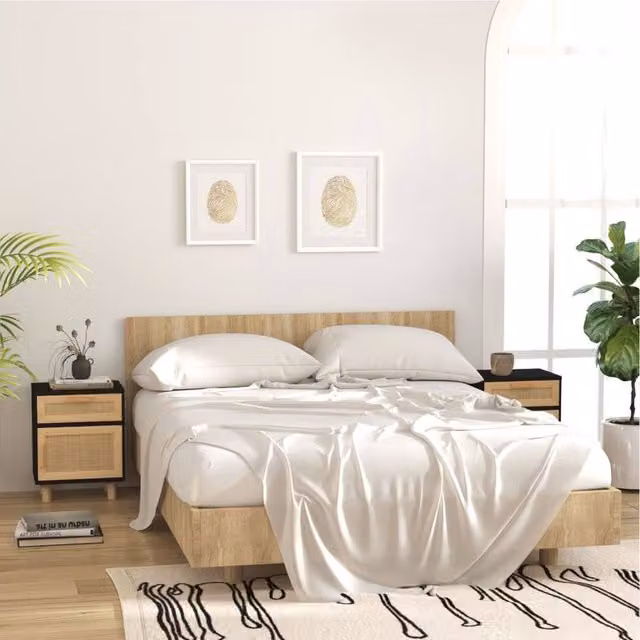 Berkfield Home Set of 2 Black Solid Wood Pine and Natural Rattan Bedside Cabinets