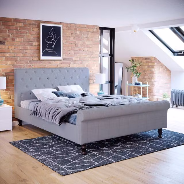 Vida Designs Grey Velvet Upholstered Glamour Bed with Wood Frame