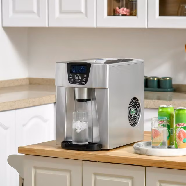 HOMCOM Silver Ice Maker Machine and Water Dispenser with 3L Tank and Digital Display