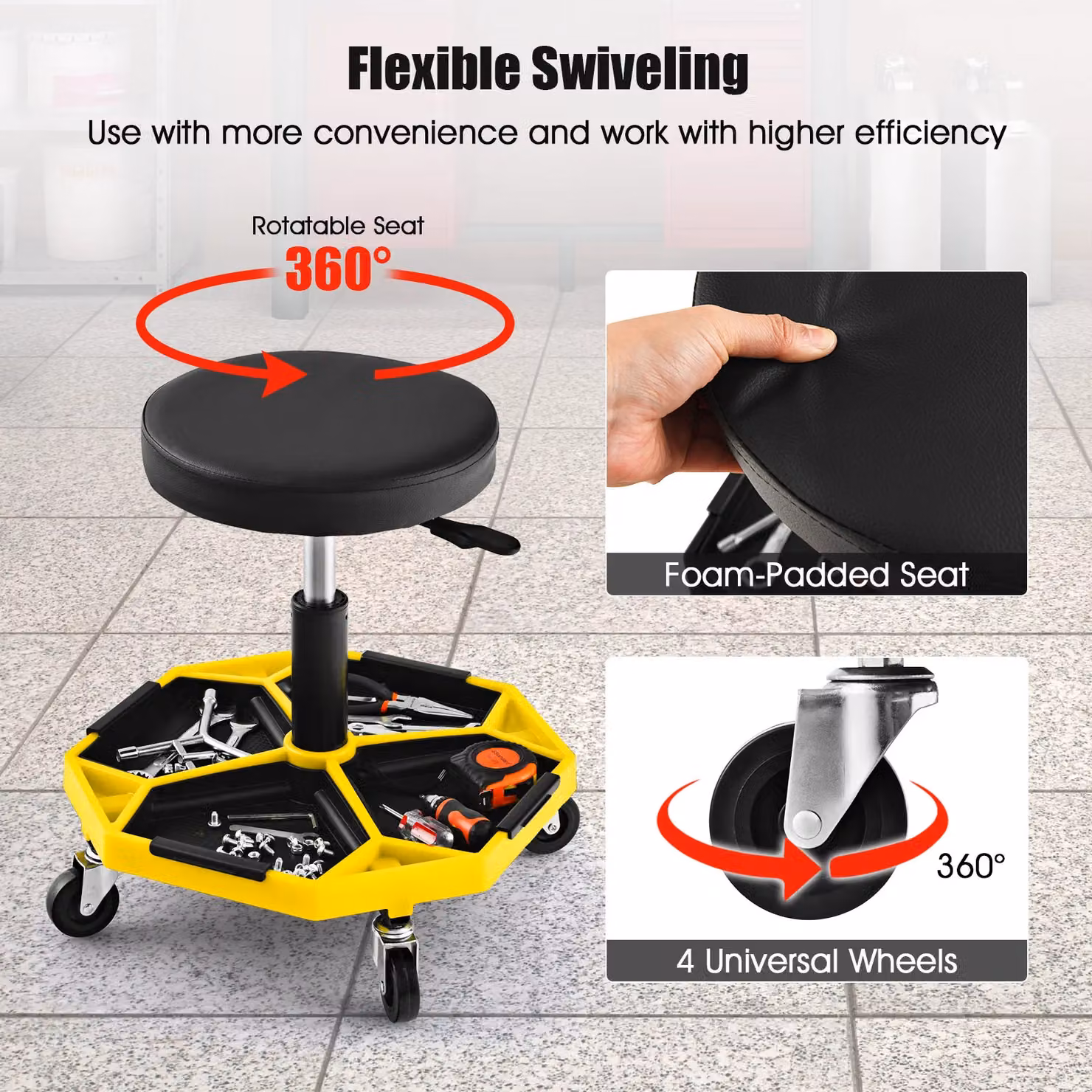 Gymax Yellow Pneumatic Rolling Garage Stool with Padded Seat and Tool Tray, 150 kg Capacity – 5