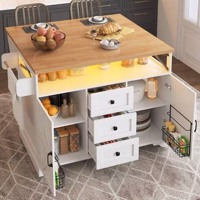 Merax Multifunctional Kitchen Island Serving Cart with Drop Leaf and LED in White, W/D/H: 120 x 71.5 x 98 cm