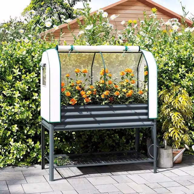 Outsunny Galvanised Steel Raised Planter with Bottom Shelf and Cover in Grey