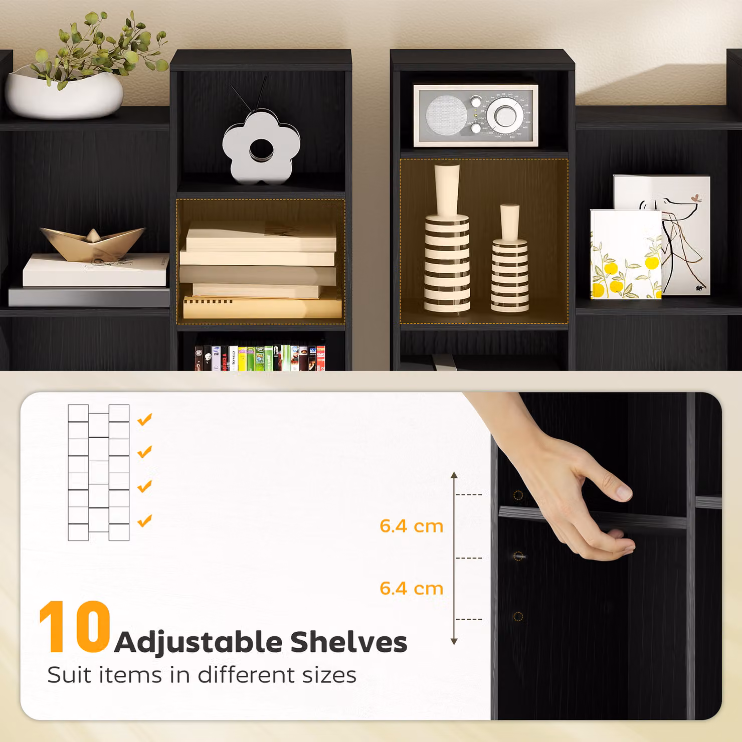 HOMCOM 21-Compartment Modern Black Wood Freestanding Bookshelf with Adjustable Shelves and Back Panel – 5