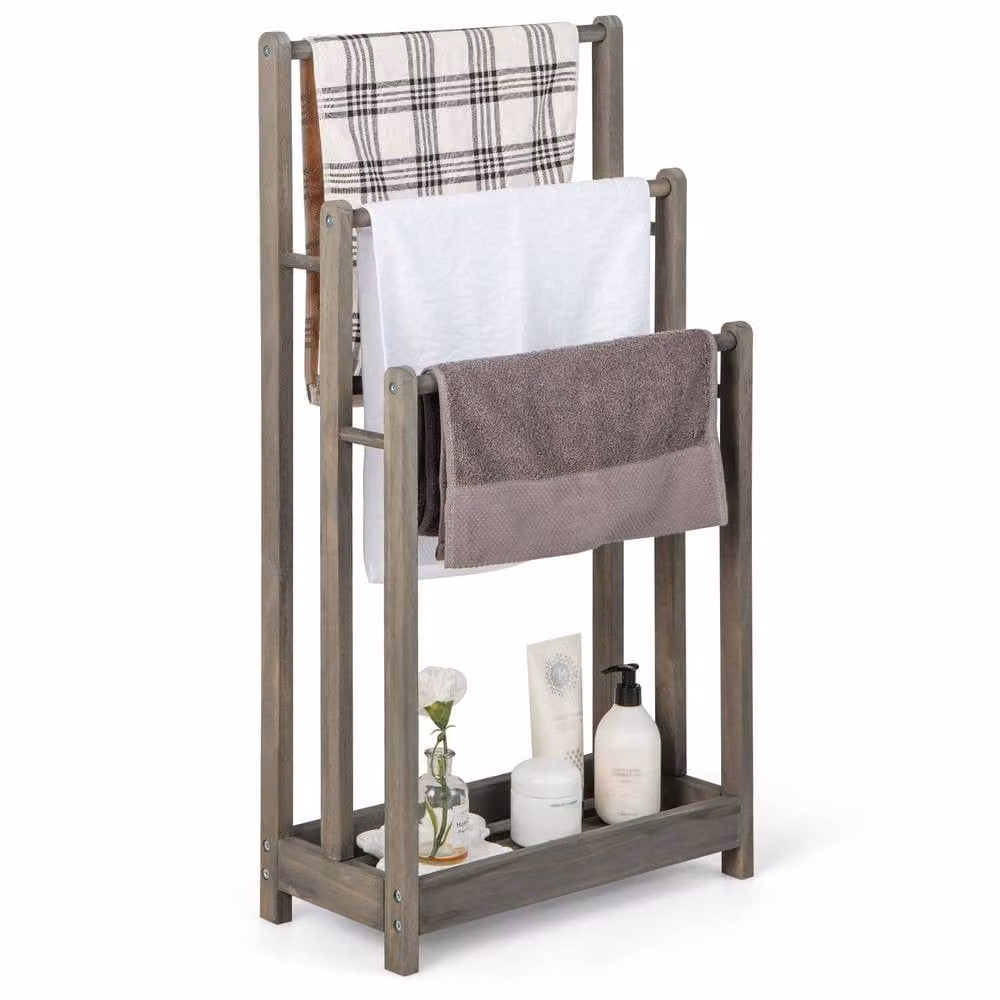 CASART 3-Tier Wooden Towel Rack with Bottom Shelf in Grey – 3