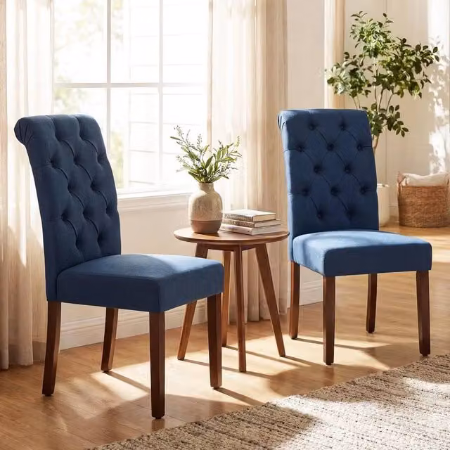 KORVIXA Set of 2 Blue Button Tufted Upholstered Fabric Dining Chairs with Wood Frame – 1