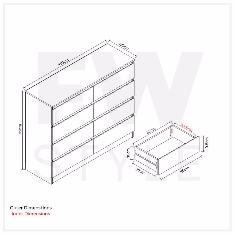 KORVIXA Modern 8 Drawer Chest and Sideboard in Matt Black, W/D/H: 100 x 100 x 100 cm – 2