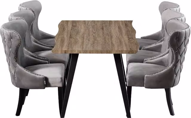 Mayfair Rocco LUX Dining Set with Rectangular Live Edge Wood Table and 6 Dark Grey Velvet Chairs