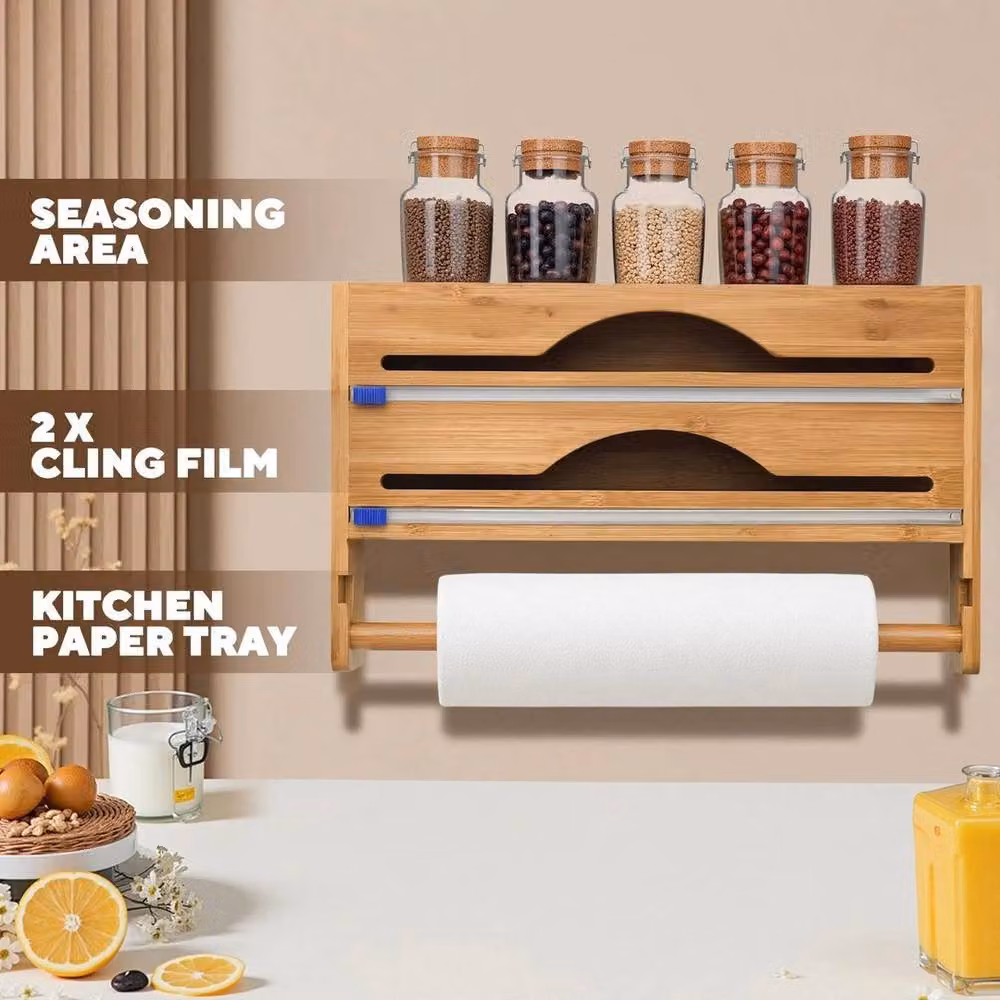 Kelvenix 4-in-1 Bamboo Kitchen Cling Film, Foil and Towel Dispenser with Shelf, Brown – 3