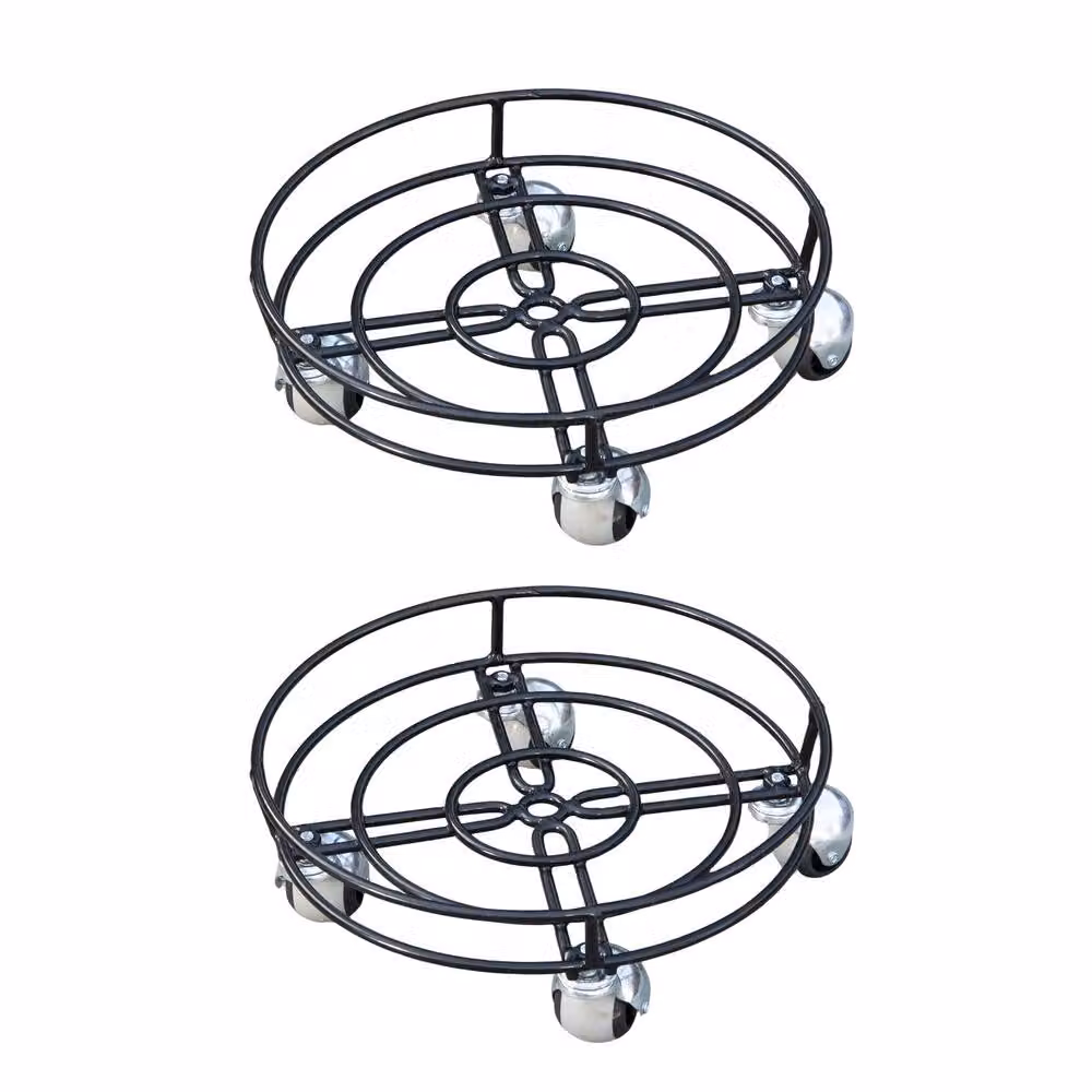 Samuel Alexander Pack of 2 Black Metal Garden Plant Pot Trolleys with Castor Wheels, Diameter: 32 cm – 4