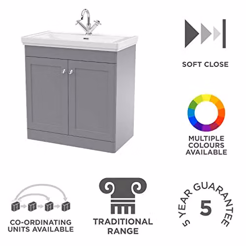 nuie Classique Traditional 2 Door Floor Standing Bathroom Vanity Unit with Fireclay Basin, Satin Grey, W: 800 mm – 2