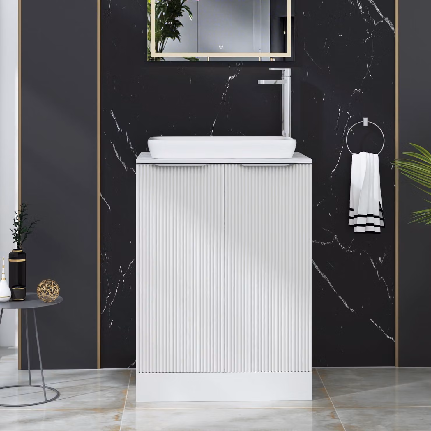 Royal Bathrooms Evora Matt White Fluted Floor Standing Countertop Vanity Unit with Qubix Basin and 2 Doors