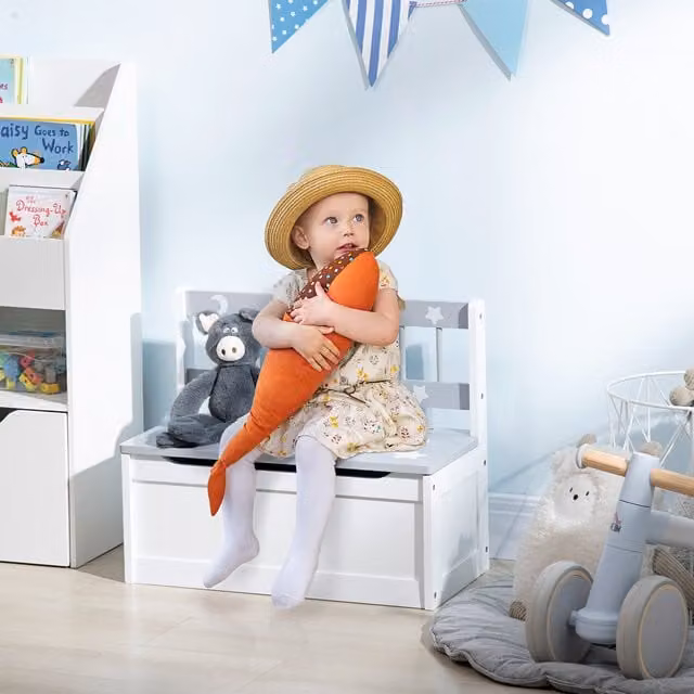 ZONEKIZ 2 In 1 Wooden Kids Storage Bench and Toy Box with Soft Close Lid - Grey
