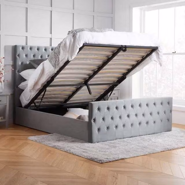 Birlea Marquis Grey Velvet Chesterfield Ottoman Bed, W/D/H: 200 x 200 cm