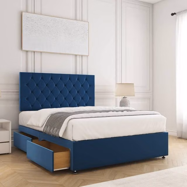 BSSPOKE Mia Plush Velvet Double Divan Bed with 2 Drawers and 24 inch Headboard and Mattress in Blue, W/D/H: 140 x 200 cm