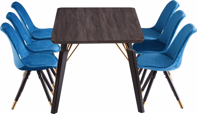 Life Interiors Sofia Cosmo LUX Modern Rectangular Dining Set with Table and 6 Blue Upholstered Chairs