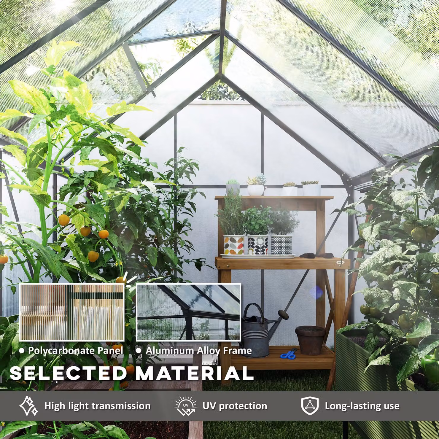 OUTSUNNY Polycarbonate Walk-in Garden Greenhouse with Sliding Door and Windows, Dark Grey, W/D/H: 190 x 199 x 190 cm – 3