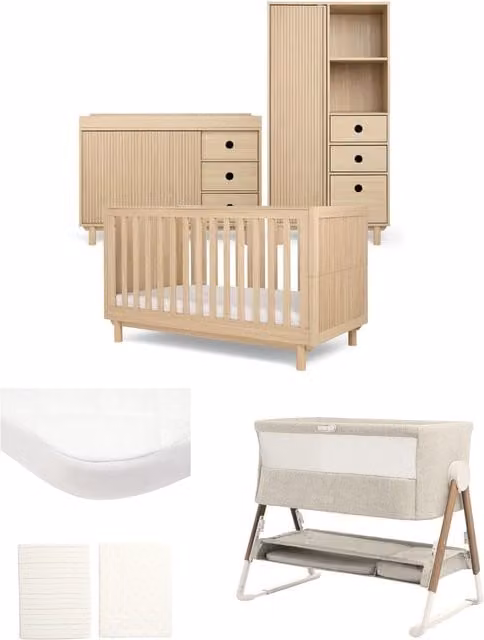 Mamas & Papas Oska Nursery Bundle in Oak with Wide Dresser Changer, Lua Bedside Crib, Storage Wardrobe and Adjustable Base Cotbed