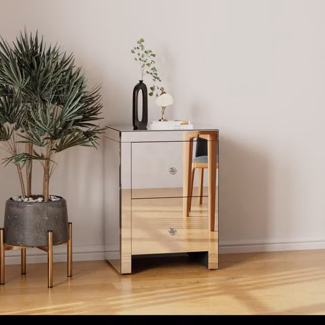 Comfy Living Ltd Large 2 Drawer Mirrored Bedside Table in Silver with Glossy Glass Finish
