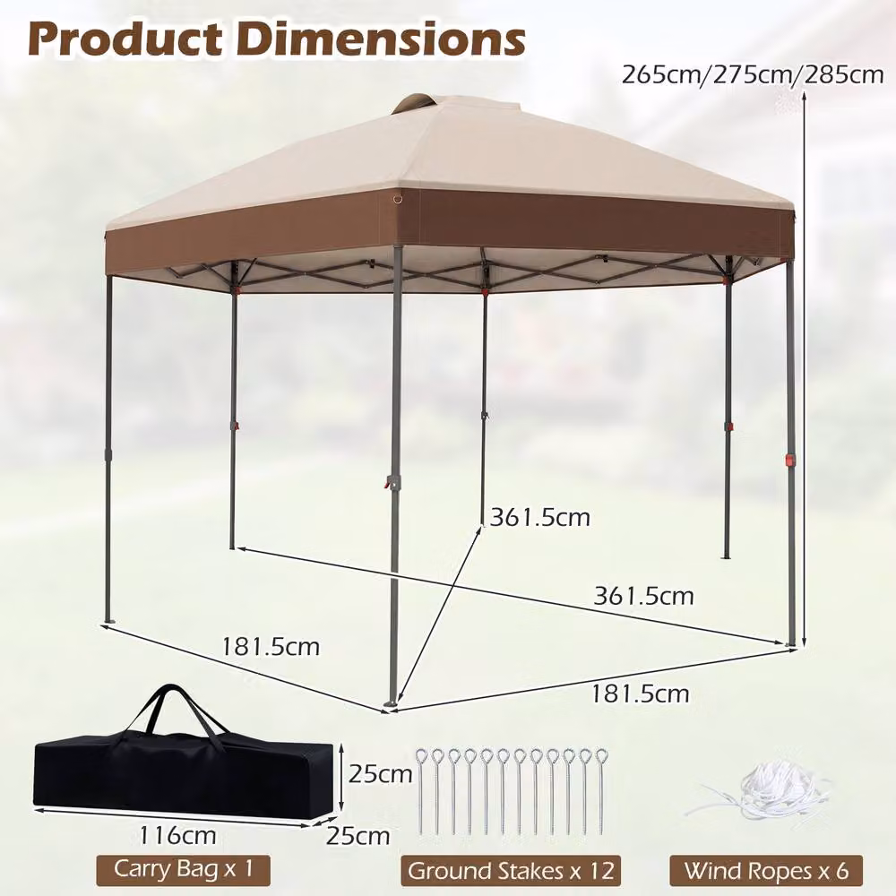 Costway Brown Pop Up Garden Gazebo with Adjustable Height Canopy Tent and Pegs, W/D/H: 360 x 360 x 360 cm – 2