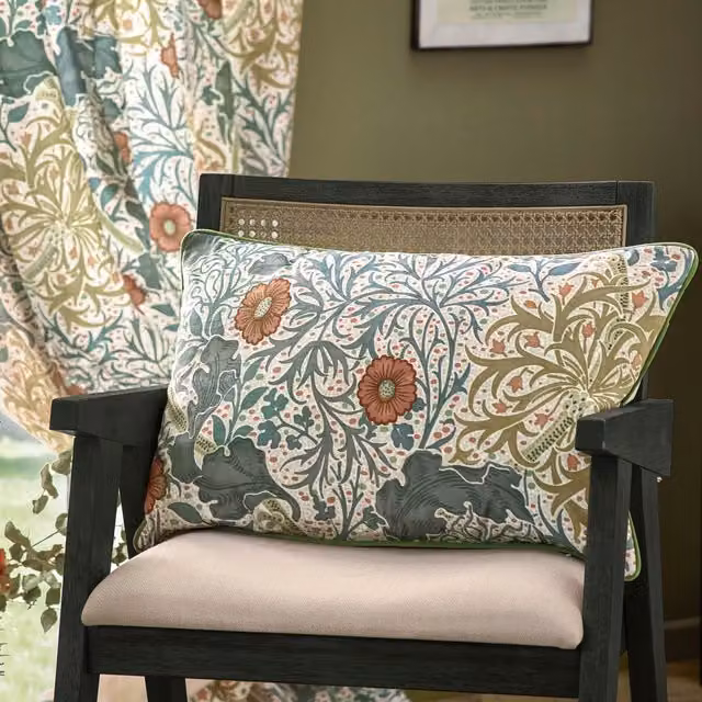 Morris & Co. Seaweed Botanical Printed Matte Velvet Feather Filled Rectangular Cushion in Stone and Sunflower, W: 60 cm, H: 40 cm, D: 40 cm