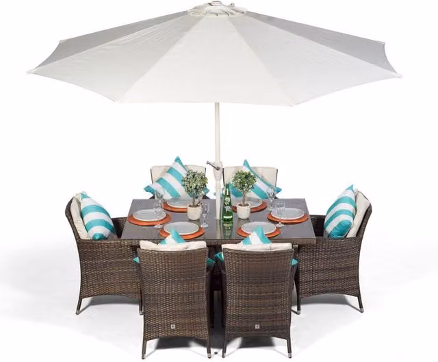 Giardino 6 Seater Rattan and Metal Patio Dining Set in Brown and Grey with Striped Cushions