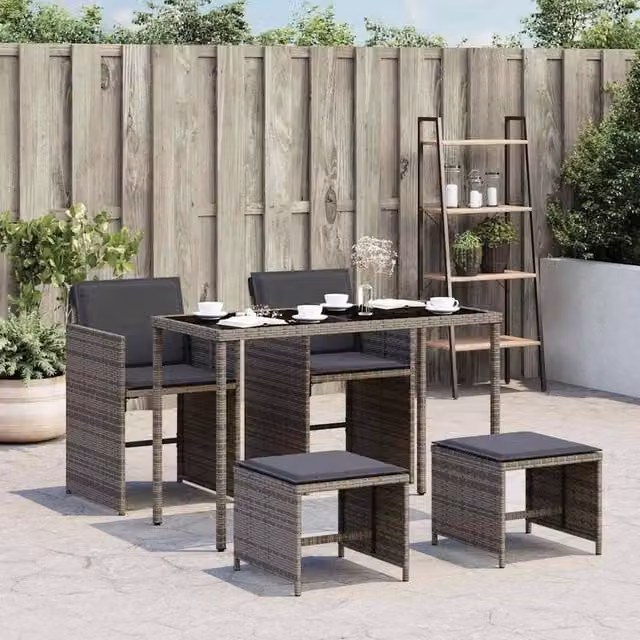Berkfield Home 5 Piece Grey Poly Rattan Garden Dining Set with Cushions and Glass Tabletop