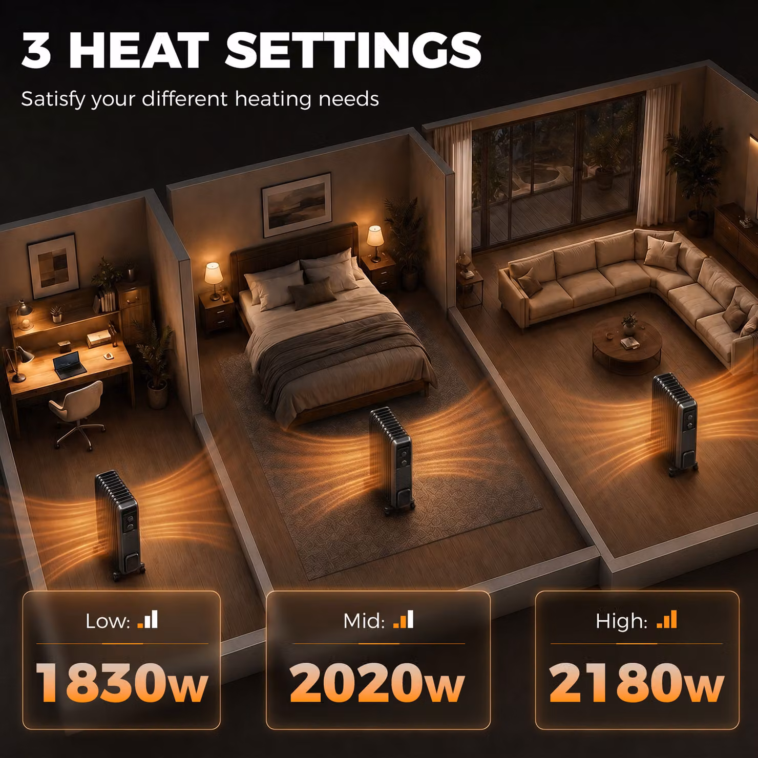 HOMCOM 2000W Oil Filled Radiator with 9 Fins and 3 Heat Settings in Grey – 4