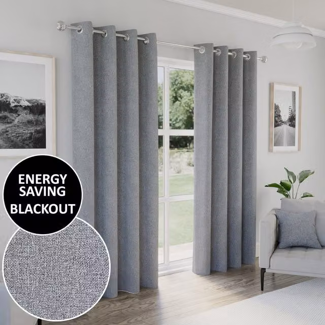 Enhanced Living Grey Plain Blackout Eyelet Curtains, Thermal Insulating, W: 183 cm, H: 229 cm