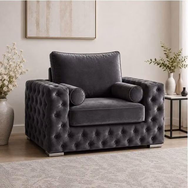 Stratus Interiors Ashley Full Back Chesterfield Plush Velvet Armchair in Dark Grey – 1