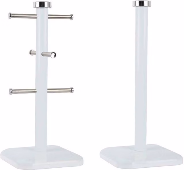 FORGEVIO White Stainless Steel Mug Tree and Freestanding Kitchen Roll Holder Set