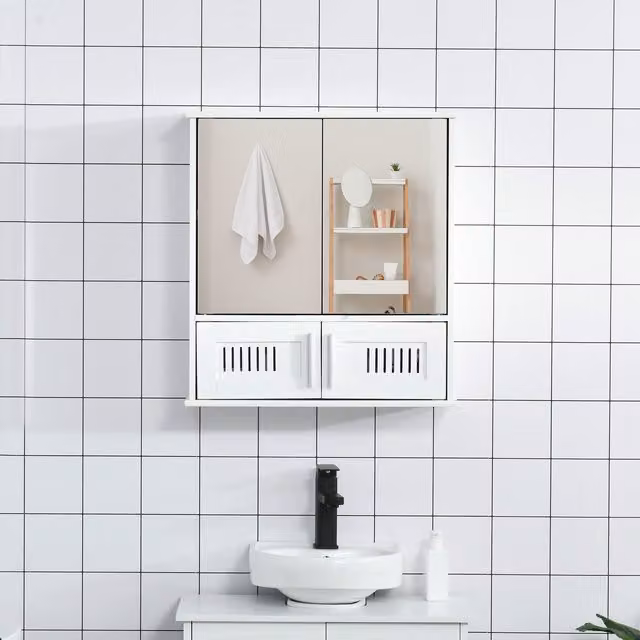 kleankin White Lacquered Wall Mounted Bathroom Mirror Cabinet with Hinged Doors and Open Shelf