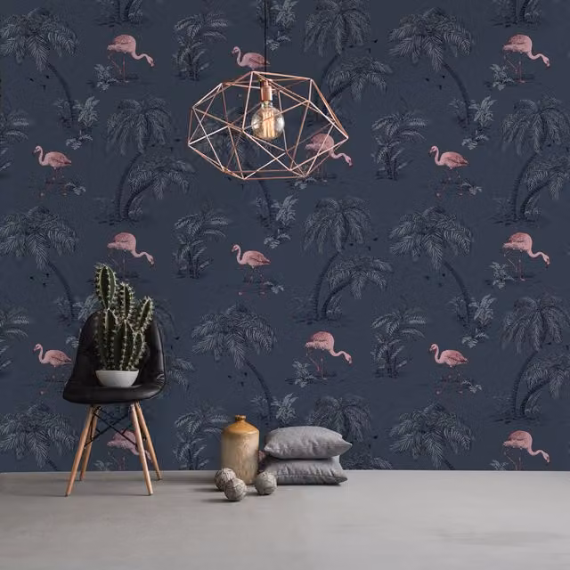 Holden Decor Flamingo Lake Midnight Wallpaper in Blue and Pink with Botanical and Floral Patterns