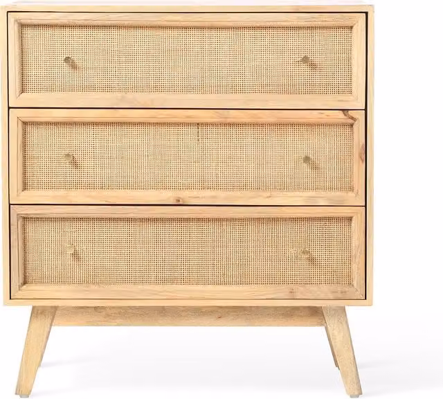Venice 3 Drawer Chest Unit in Mango Wood and Rattan, Neutral Beige and Gold