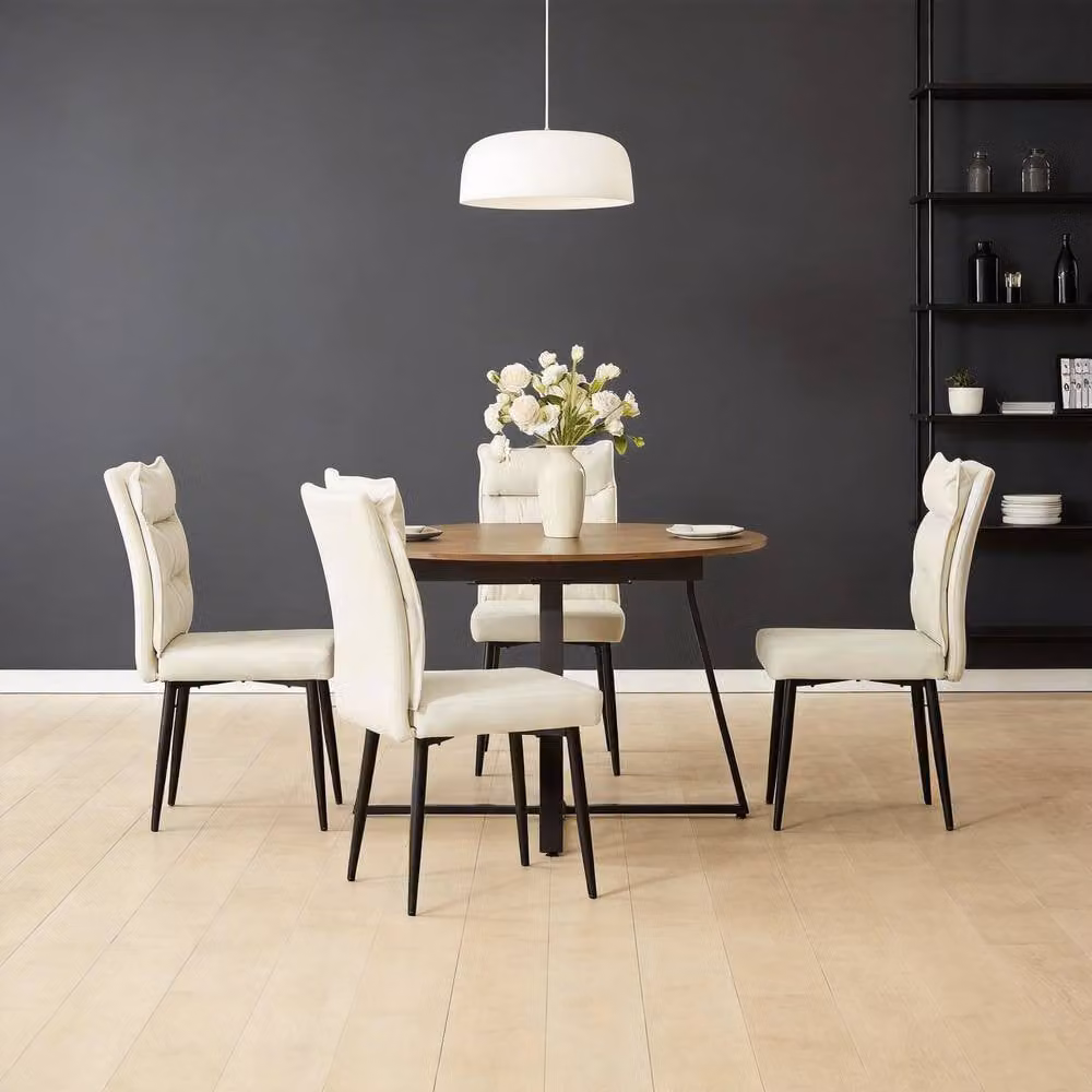 FURNITURE ONE 5-Piece Expandable Round Dining Set with 4 Upholstered Chairs in Light Beige – 2