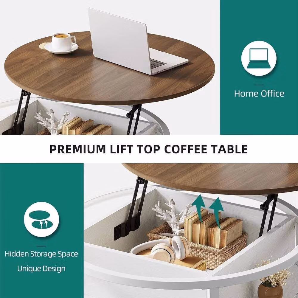 FORGEVIO Round Farmhouse Style Coffee Table in White with Lift Mechanism – 4
