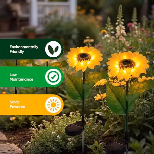 Gardenwize Pack of 4 Solar LED Sunflower Stake Lights in Yellow and Multicolour with Dusk Sensor and Ground Spike – 3