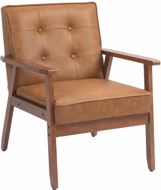 KORVIXA Brown PU Leather Accent Chair with Armrests and Solid Wood Frame