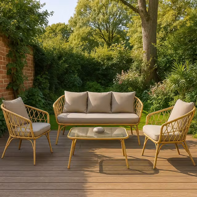 Homerepublic Modern 4 Piece Woven Rattan Garden Furniture Set in Beige and Yellow with Glass and Metal Details