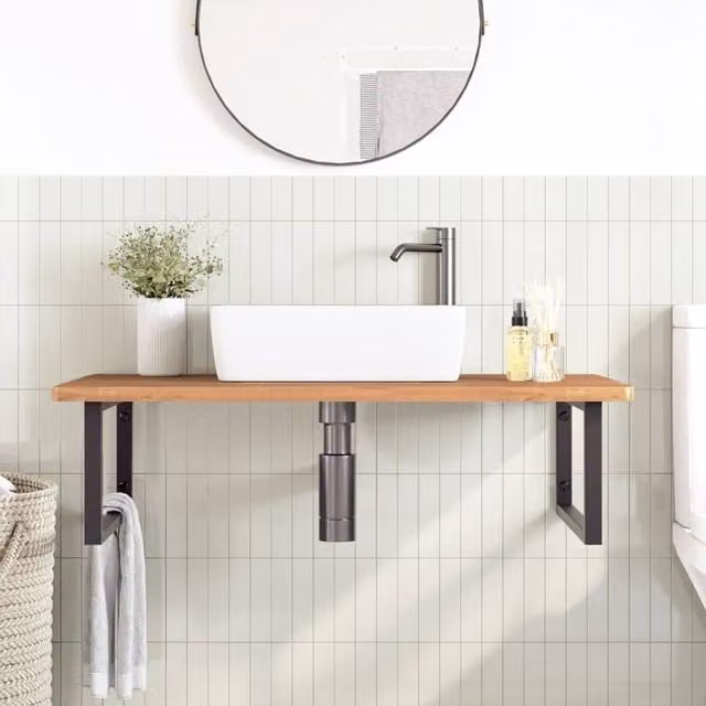 Berkfield Home Elegant Wall Mounted Basin Shelf in Brown Beech Wood and Black Steel