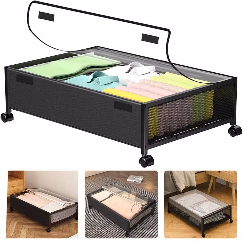 KORVIXA 2-Piece Black Metal Underbed Storage Organisers on Wheels – 3