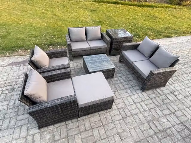 Fimous 7 Seater Rattan Garden Furniture Set in Dark Grey with U-Shape Sofa, Coffee Table and Side Table