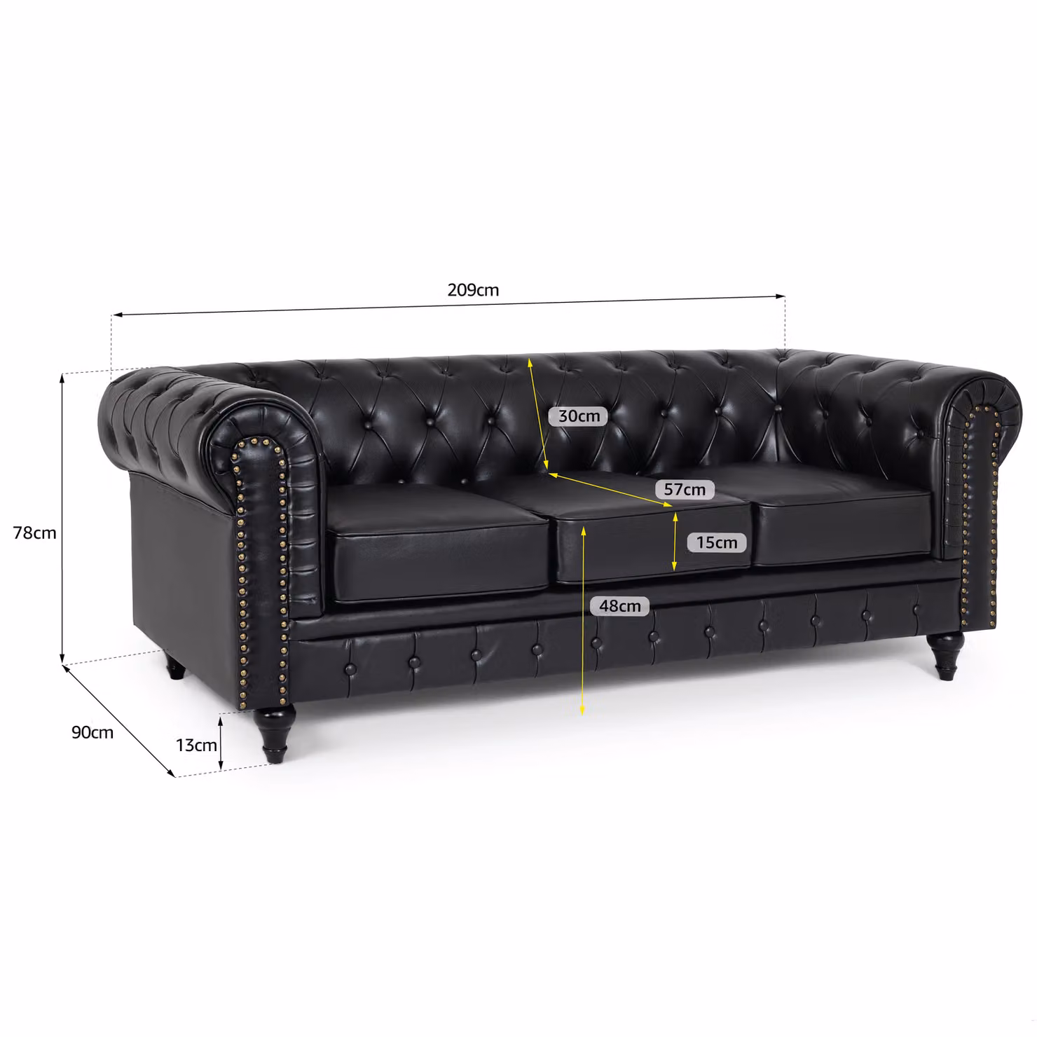 Bravich LTD Chesterfield 3-Seater Sofa in Black Synthetic Leather – 2