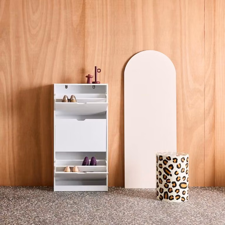 sweeek Modern White Wood Shoe Cabinet with 3 Drawers and Hinged Doors, W/D/H: 60.0 x 23.5 x 119.5 cm