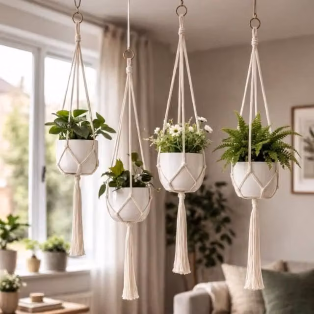 Marco Paul Set of 4 White Macrame Rope Hanging Plant Hangers
