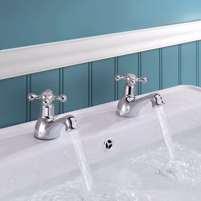 Nes Home Trafford Traditional Cross Head Basin Hot and Cold Tap Pair with Pop Up Waste in Chrome Silver