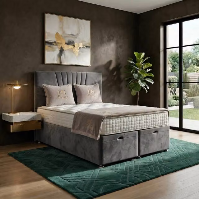 DS Living Vesper Grey Velvet Upholstered Ottoman Bed, W/D: 180 x 200 cm – 1