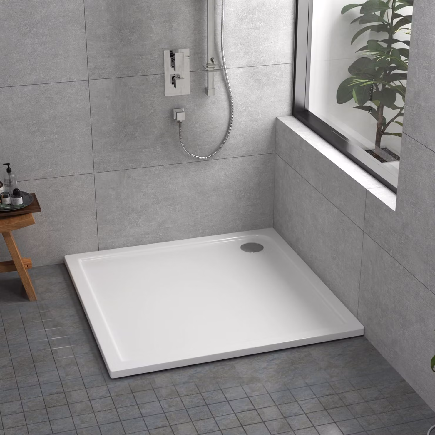 Apex Square Mineral Cast Stone Shower Tray, White, W/D/H: 90 x 90 x 3 cm