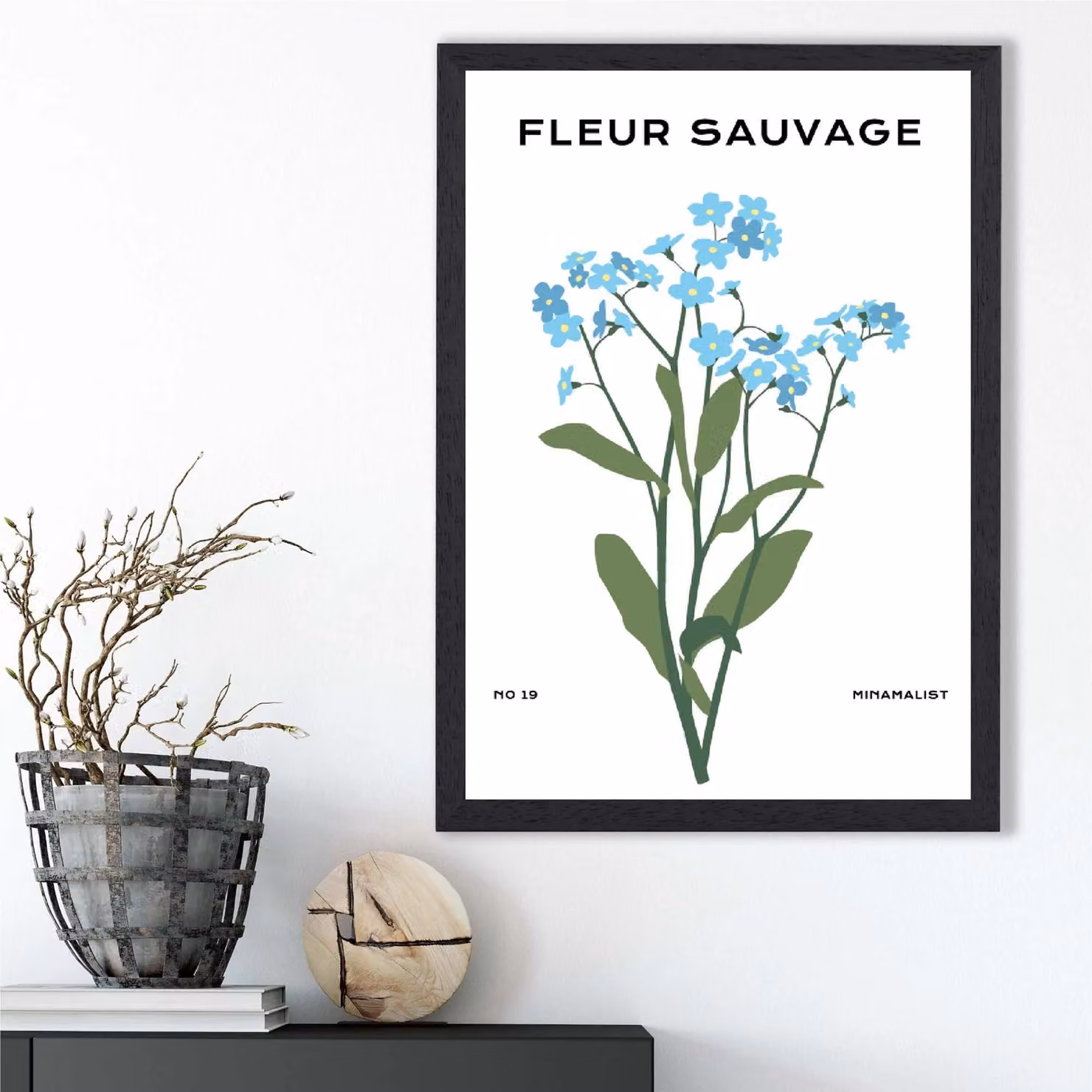 ARTZE Blue Forget Me Not Flower Market Minimalist Framed Print, Mid Blue and Black Frame, A3 – 2